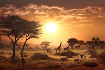 Fototapeta na wymiar Nature in Africa day, landscape against the backdrop of the rising sun. Wild animals in the thickets. AI generated.