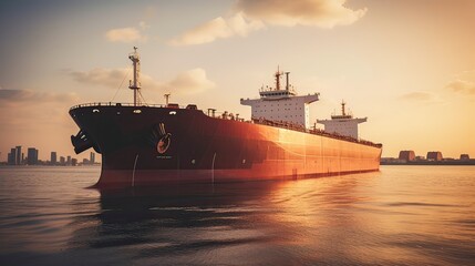 Fototapeta premium Aerial drone photo of large Liquefied Petroleum Gas tanker or LPG anchored in deep blue ocean sea. Generative Ai.