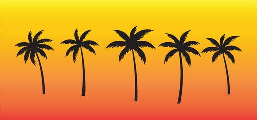 Fototapeta na wymiar Black palm tree set sunset vector illustration on sunset background silhouette art png