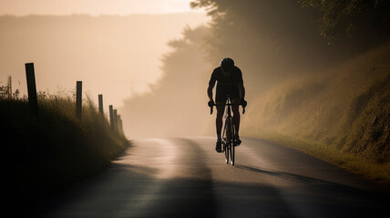 a cyclist rides towards the dawn. High quality Generative AI