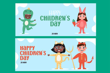 Flat style happy children's day horizontal banners set. International children in costumes