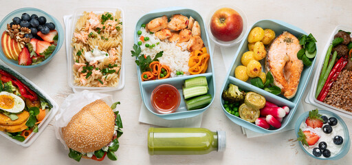 Restaurant healthy food delivery in take away boxes for daily nutrition on white background.