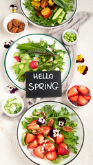 Various of spring vegetable salads. Tasty healthy food.