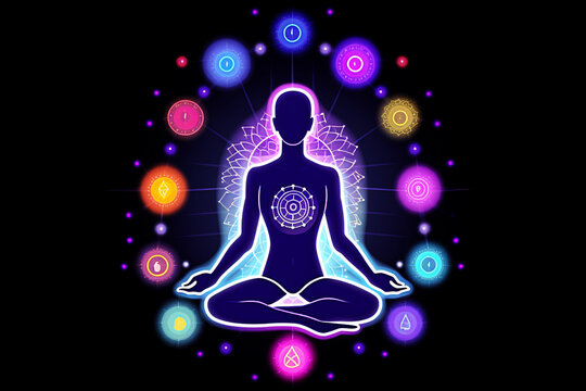 Illustration of yoga and meditation with colorful lights on a black background. Generative AI