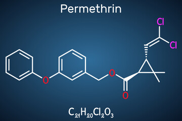 Permethrin molecule. It is insecticide and medication, used in treatment of lice infestations and scabies. Structural chemical formula on the dark blue background.