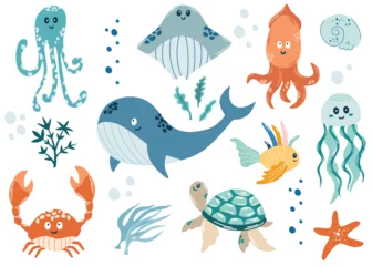 Abwaschbare Fototapete Meeresleben Cute underwater animals. Sea life elements. Whale, jellyfish, seashells, algae, fish, squid and turtle. Vector doodle cartoon set of marine life objects for your design.