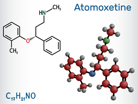 Atomoxetine molecule. It is used in the management of Attention Deficit Hyperactivity Disorder ADHD. Structural chemical formula, molecule model.