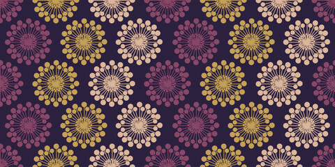 Many Rows of Colorful Large Flower Heads, Seamless Pattern Colored in Purple, Brown and Light Brown - Retro Style Texture, Vintage Style Wide Scale Background, Design Element in Editable Vector Format