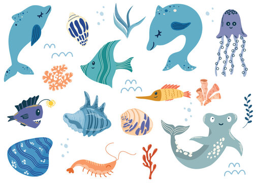 Set with hand drawn sea life elements. Cute underwater animals. Design for children, printing, postcards, prints. Vector doodle cartoon set of marine life objects. 