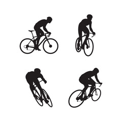 Cyclist Silhouette set. Black silhouette of a cyclist on a white background.  Man on a bicycle in a helmet. - obrazy, fototapety, plakaty