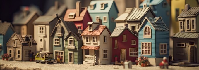cute paper art of tiny minimalist houses area using a tilt-shift lens. banner for real estate communication. generative AI illustration.	