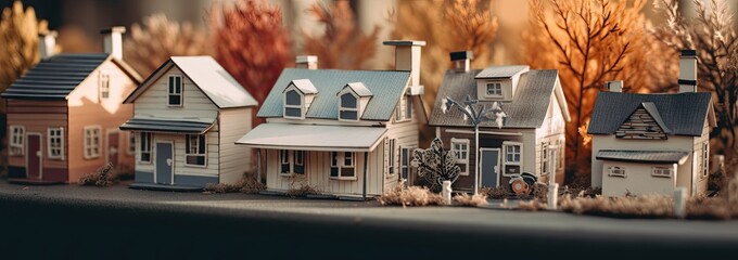 cute paper art of tiny minimalist houses area using a tilt-shift lens. banner for real estate communication. generative AI illustration.	