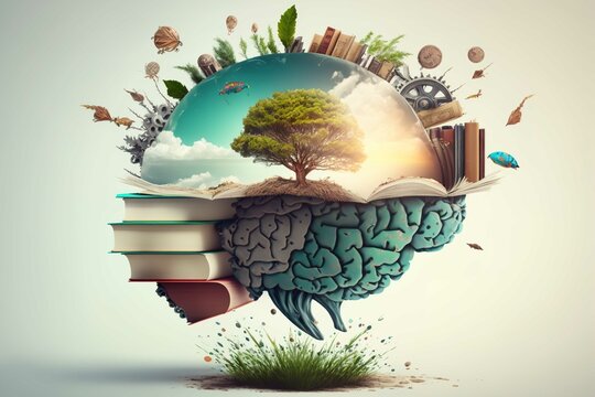 Concept of education and success. Online education, new idea. Collage with a brain, gears, book. Generative Ai technology.	