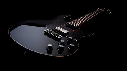 Fototapeta na wymiar Sleek Black Electric Guitar on a Black Background - Ideal for Music Lovers and Rock Icons.