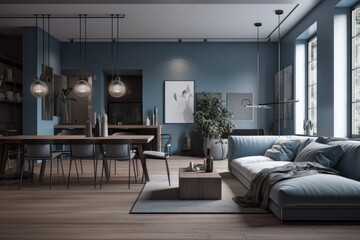 Naklejka na ściany i meble Spacious living room with modern sofas, wooden floors, pastel colored walls, large open space, dining area. Generative AI