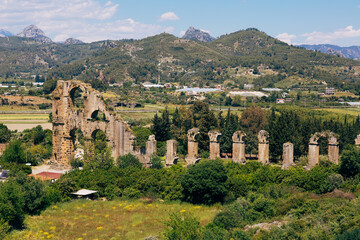 Fototapeta na wymiar Aerial drone photo of Aspendos ancient city, displaying the impressive ruins and historical structures in Side, Antalya, Turkey.