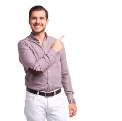 Happy smiling young man presenting and showing your text or product isolated on transparent...