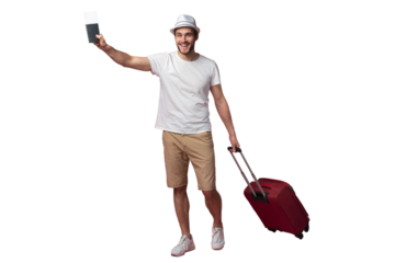 Man traveler with suitcase, passport and ticket on transparent background
