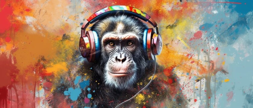 Portrait of a monkey with headphones on a colorful abstract background with empty space. Party concept. Generative AI