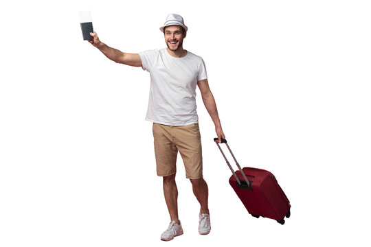 Man traveler with suitcase, passport and ticket on transparent background