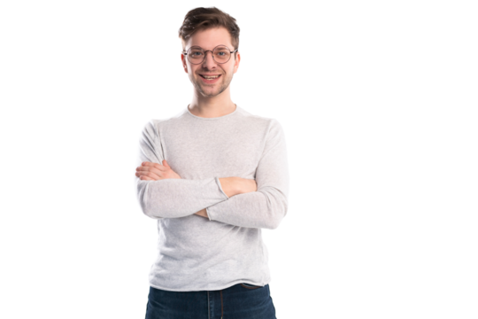 Happy young man. Portrait of handsome young man in casual shirt smiling while standing against transparent background