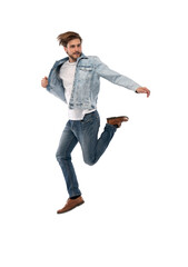 Full size photo of young happy excited smiling positive man jumping isolated on transparent...