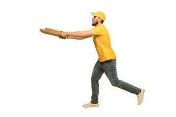 Portrait of young delivery man in yellow uniform with pizza boxes isolated over transparent background