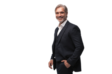 Handsome smiling middle-aged man in suit posing against transparent background with copy space