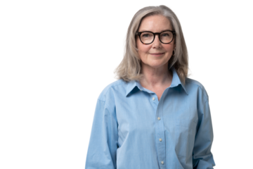 Elegant mid adult woman against transparent background. Stylish mature woman in blue casuals looking at camera and smiling