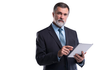 Portrait of aged businessman wearing suit and tie. Businessman in years standing on transparent background. Boss using tablet computer - obrazy, fototapety, plakaty