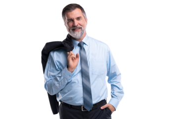 Happy satisfied mature businessman looking at camera isolated on transparent background