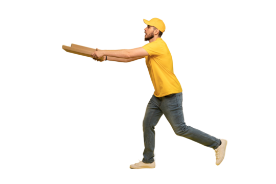 Portrait of young delivery man in yellow uniform with pizza boxes isolated over transparent background