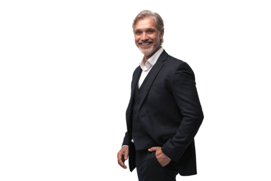 Handsome smiling middle-aged man in suit posing against transparent background with copy space