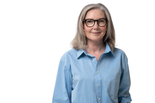 Elegant mid adult woman against transparent background. Stylish mature woman in blue casuals looking at camera and smiling