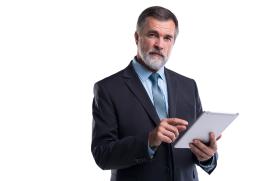 Portrait of aged businessman wearing suit and tie. Businessman in years standing on transparent background. Boss using tablet computer