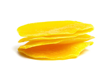 Naklejka na ściany i meble Candied mango slices isolated on white background. Stack of dehydrated fruit chips
