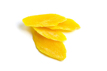 Fototapeta na wymiar Dehydrated mango slices isolated on white background. Dry candied mango fruit chips