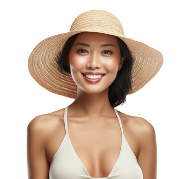 Portrait of a young, attractive, asian woman wearing bikini and straw hat. Isolated on transparent background, no background.