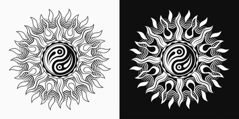 Sun with ying yang symbol. Concept of harmony and balance. Monochrome illustration in vintage style on white, black background. Solar sign, alchemy and astrology symbol. Good for groovy, hippie style