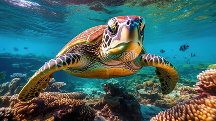 Fototapeta na wymiar sea turtle close up over coral reef in hawaii. ai generative.