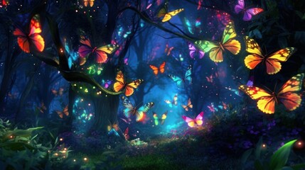 Magic forest with colorful butterflies, forest with bright colorful butterflies. Generative AI