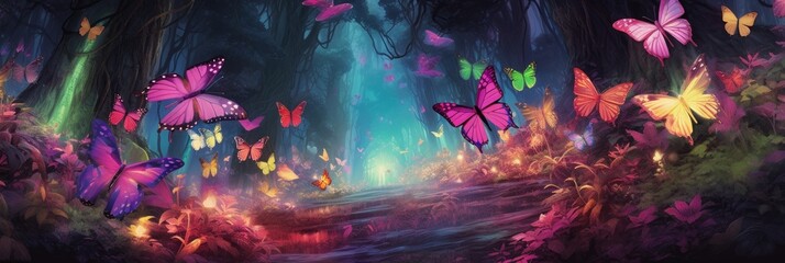 Magic forest with colorful butterflies, forest with bright colorful butterflies. Generative AI