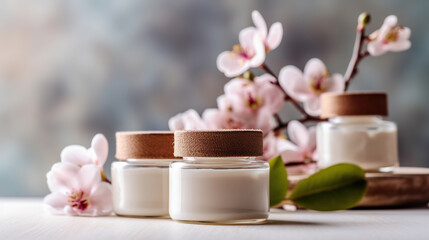 Obraz na płótnie Canvas Natural organic eco cosmetics in open jars with blooming cherry flowers, beauty and SPA theme. Cosmetic containers with cream or lotion, natural ingredients, face care concept. Generative Ai