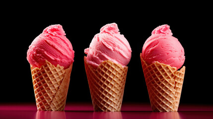 three balls of delicious strawberry ice cream in wafer cone, pink milk splash, generative ai