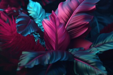 tropical exotic violet night jungle neon leaf background plant purple art. Generative AI.