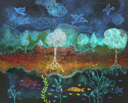 Dream in a night landscape . The dabbing technique near the edges gives a soft focus effect due to the altered surface roughness of the paper.