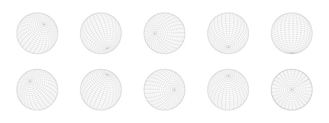 Set of 3D sphere wireframe icons in different positions. Orb models, spherical shapes, grid balls. Earth globe figures with longitude and latitude, parallel and meridian lines