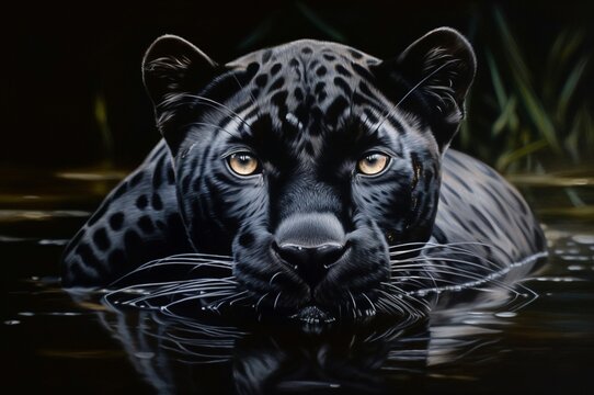 Retrato de una pantera negra en un r&iacute;o de noche