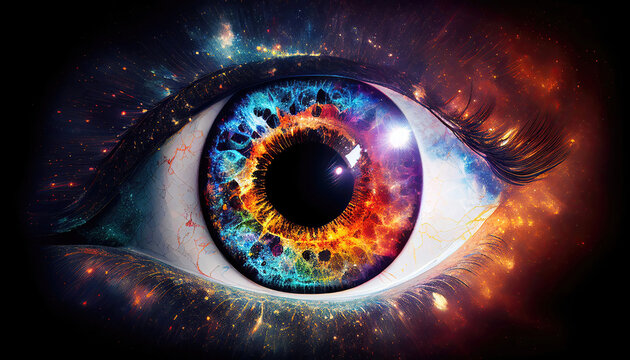 Close-up of human eye with colorful galaxy texture (Generative AI)