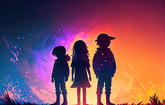Silhouette of children group with gradient background (Generative AI)